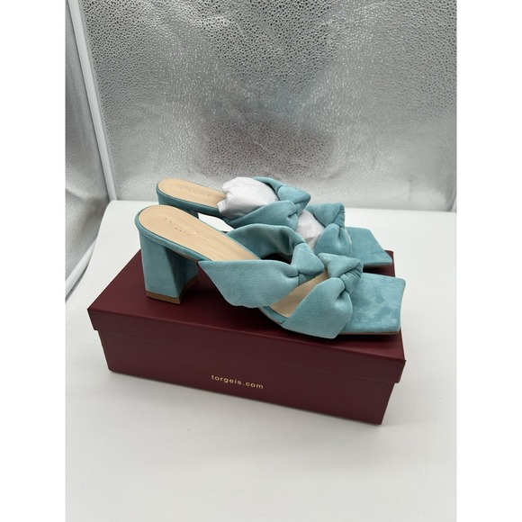 New Torgeis Flamingo Faux Suede Double Knotted Block Heeled Sandals Teal Size 10 - Picture 2 of 8